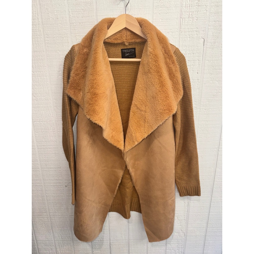 Twelfth Love Open Front Cardigan Womens Tan Faux Fur Suede Knit Sweater Large